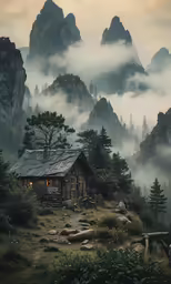 an old cabin on a misty hill is surrounded by fog and mist