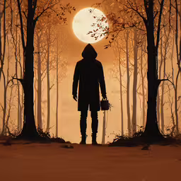 an person standing in front of a forest filled with trees,man standing in front of sun with hoodie and hat