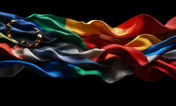 multi colored flags in the wind with ring on them