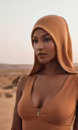 a woman in a tan top posing for a picture