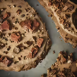 chocolate dessert pieces are scattered on the table