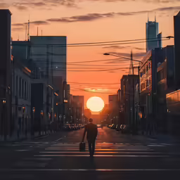 the silhouette of a man walking down an empty street as the sun sets