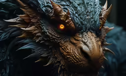 the head of a large monster wearing yellow glowing eyes