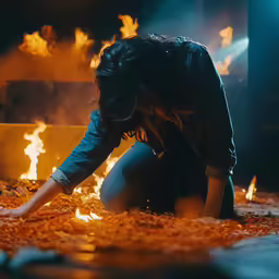 a woman crouching over a pot in front of a fire