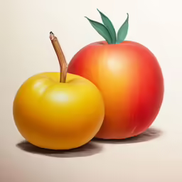 a painting of two large, yellow and red tomatoes