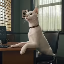 the cat is sitting on a chair looking up