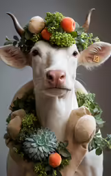 a bull with a wreath around its head has green vegetables on it