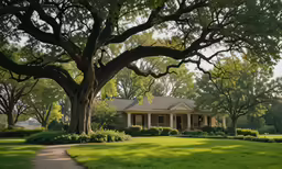 a big tree stands in front of a house