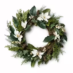 a christmas wreath made of leaves and white flowers