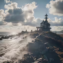 the beach has waves crashing in front of a lighthouse