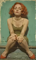 a young woman in a brown dress is sitting on a blue background