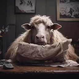 the lamb with thick hair is looking around