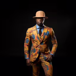 a man wearing a suit with an interesting print on the side,a black man with a yellow suit and hat in the image