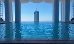 a pool with tall buildings and water in it