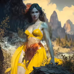 a painting of a woman wearing yellow and holding a snake