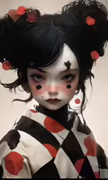 a little girl with her hair in an upside down bun and makeup on