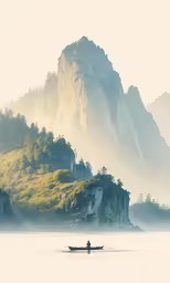 a man rowing his boat in the water on a foggy day