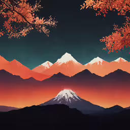 a landscape scene with some mountain range in the distance,an artistic painting of mountains and trees with orange clouds