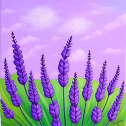 a painting shows lavender flowers in the foreground, and bright purple clouds in the background