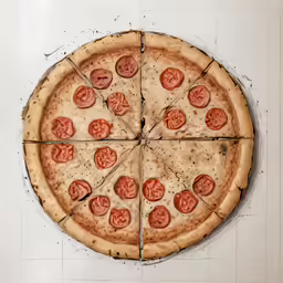 a very big pizza with toppings arranged in the shape of a square
