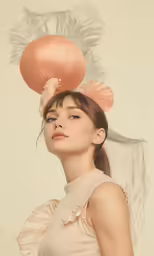a woman with a hat and two pink balls on her head
