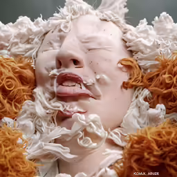a woman with white face and hair and messy frecks on her