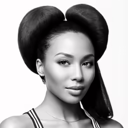 a black and white photo of a girl with very long hair