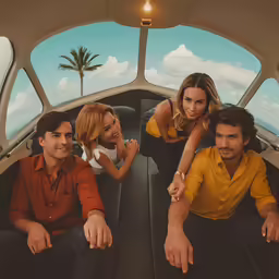 three young adults pose in the front of a private jet with palm trees and palm trees on the background