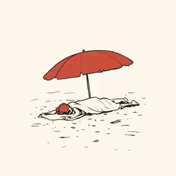 a drawing of a red umbrella laying on the beach