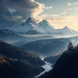 a view from a mountain over mountains with the sun setting on them