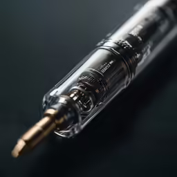a silver and gold pen sitting on top of a table