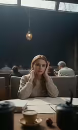 the young woman sits in front of a table with a cup and saucer
