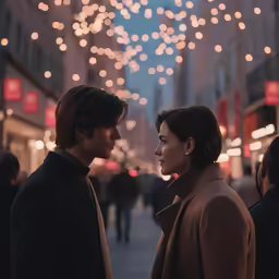 the woman in black is next to a man who is standing outside with many lights and buildings
