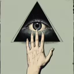 a hand reaches out to a triangle, with an eye hovering through it