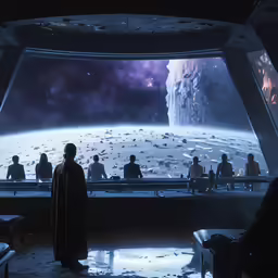 people watching an artist view of a distant planet