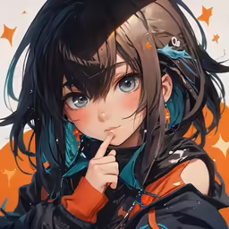 anime girl with black hair holding finger to her nose