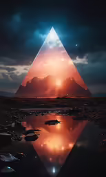 a pyramid in the middle of a lake at night