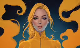 a person with long hair and a yellow outfit