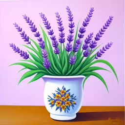 a painting of flowers in a pot with a purple background