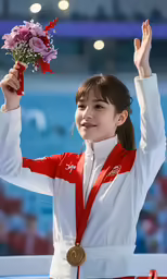 a woman holding up a trophy above her head