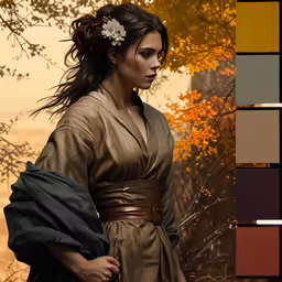 a woman in a brown dress is standing by some trees