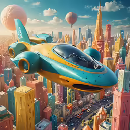 a large blue and yellow airplane flying over a city