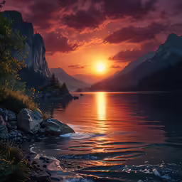 a painting of the sun setting over some mountains