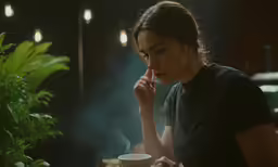 a woman sits at a table drinking coffee and smoking