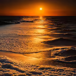 sunset over the ocean with a snow covered shore
