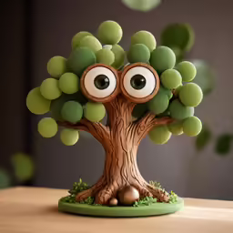 an odd tree with googly eyes sitting on a table