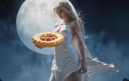 a blonde woman in a white dress holding an item