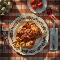 a meal consisting of meatball biscuits and tomatoes