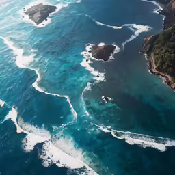 an aerial view of waves rolling in to shore