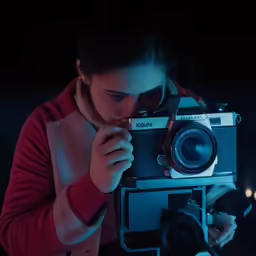 a woman in red shirt holding an old camera